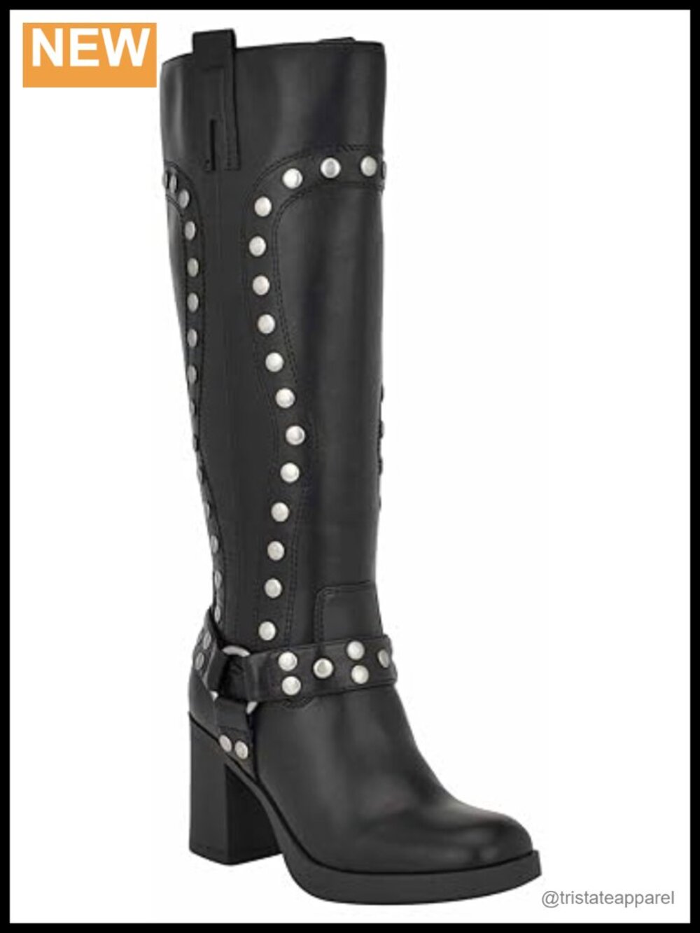 Nine West Cert Knee High Studded Moto Boots Square Toe Block Heel Zip